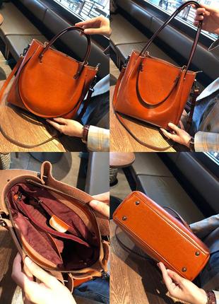 Велика коричнева руда шкіряна жіноча сумка шоппер з 4 ручками3 фото
