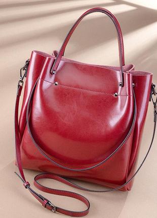 Велика коричнева руда шкіряна жіноча сумка шоппер з 4 ручками7 фото