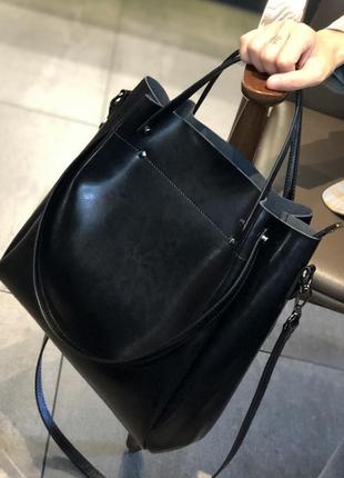 Велика коричнева руда шкіряна жіноча сумка шоппер з 4 ручками9 фото
