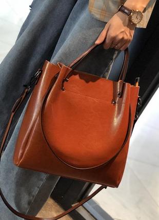 Большая коричневая рыжая кожаная женская сумка шоппер с 4 ручками1 фото