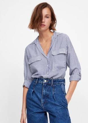 Zara віскозна блузка сорочка в смужку з накладними кишенями