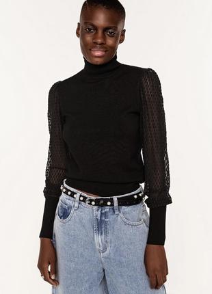 Стильна чорна водолазка з мереживними рукавами -фонаріками zara
