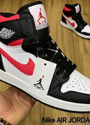 Чоловічі кросівки nike air jordan 1 retro білі з чорним і червоним1 фото