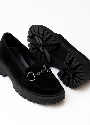 Натуральные замшевые черные туфли - лоферы3 фото