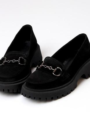 Натуральные замшевые черные туфли - лоферы6 фото