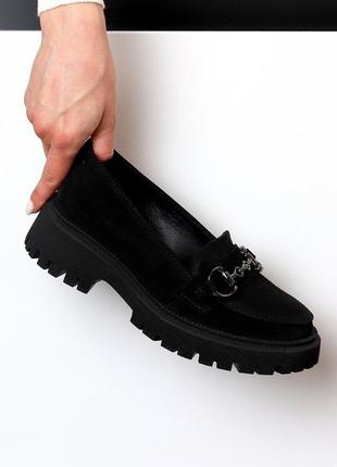 Натуральные замшевые черные туфли - лоферы5 фото