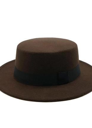 Стильная фетровая шляпа канотье с лентой шоколадный.