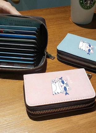 Новый мини кошелек картхолдер визитница для карт и купюр на молнии кот котик с рыбками7 фото