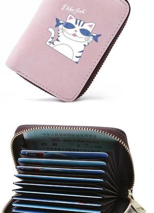 Новый мини кошелек картхолдер визитница для карт и купюр на молнии кот котик с рыбками