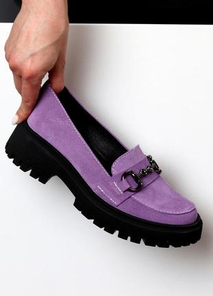 Бузкові фіалкові лавандові туфлі лофери натуральна замша колір на вибір