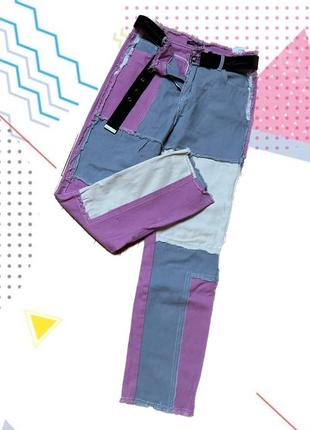 Джинсы колорблок, высокая посадка, яркие м, л mom прямые