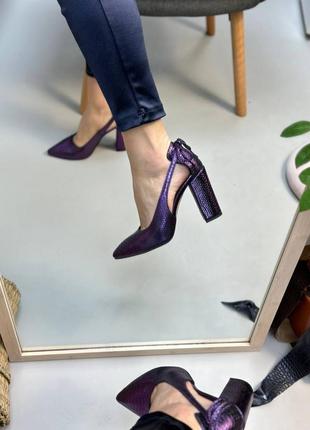 Женские туфли лодочки из натуральных кожи под редакцией в фиолетовом перламутр на каблуке 9 см2 фото