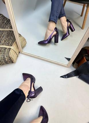 Женские туфли лодочки из натуральных кожи под редакцией в фиолетовом перламутр на каблуке 9 см7 фото