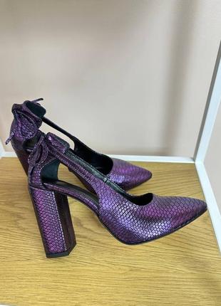 Женские туфли лодочки из натуральных кожи под редакцией в фиолетовом перламутр на каблуке 9 см3 фото