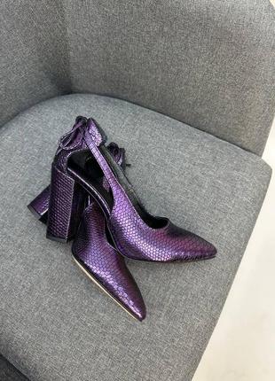 Женские туфли лодочки из натуральных кожи под редакцией в фиолетовом перламутр на каблуке 9 см6 фото