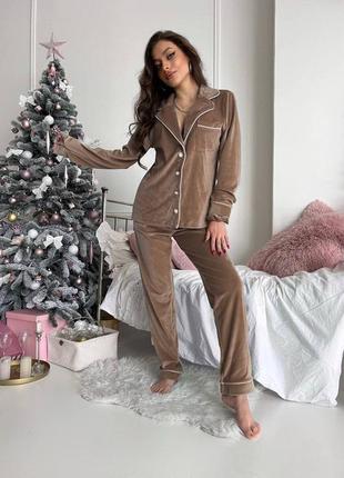 Женская велюровая пижама коричневая мокко кофейная качественная на пуговицах с рубашкой