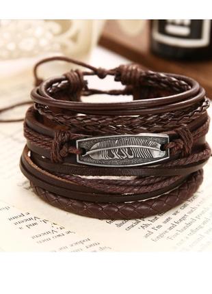 Крутой набор браслетов с пером в стиле бохо еко кожа бичевка перо браслет унисекс