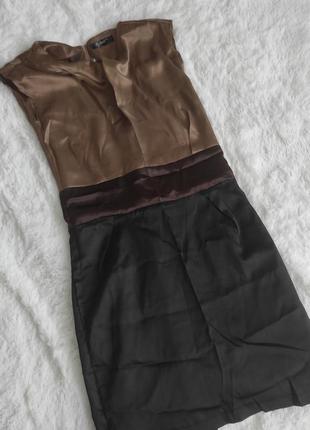Платье классический крой вз подкладкой атласное коричнево черного цвета приталенное