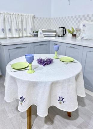 Скатертина на круглий стіл з вишивкою  ø140 см. limaso з натурального льону