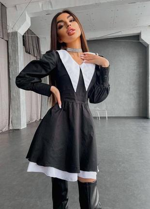 Платье черное на длинный рукав с двойной юбкой с белым воротником стильное качественное