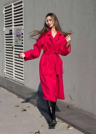 Пальто жіноче малинове кашемірове однотонне міді на довгий рукав з кишенями з поясом тепле якісне базове