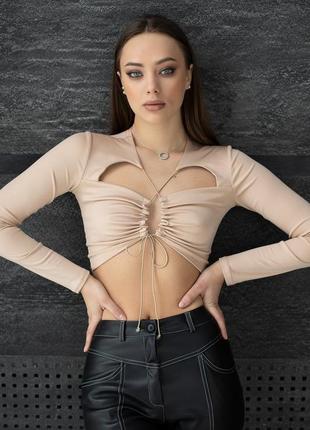 Бежевый топ лонгслив на завязках топ с вырезами лонгслив с вырезами
