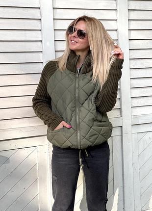 Курточка с вязаными рукавами, цвет: бардо, черный, олива, бирюза, синий, размер: 42-46, 48-52