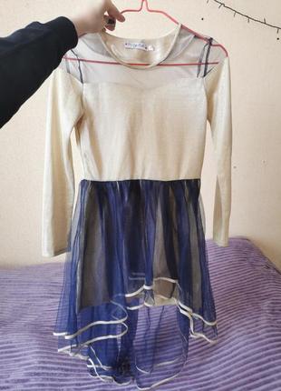 Платье на девочку подростка золотисто-синее нарядное со шлейфом1 фото