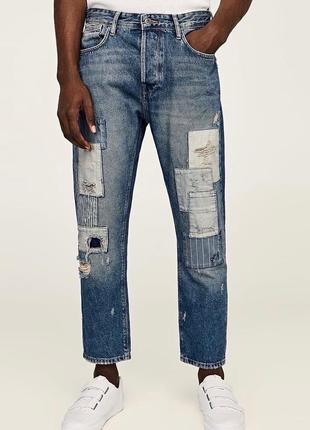 Оригінальні джинси zara man patched distressed denim jeans blue/white