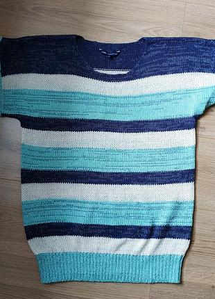 Светр джемпер туніка оверсайз зі спущеними плечима в смужку з коротким рукавом