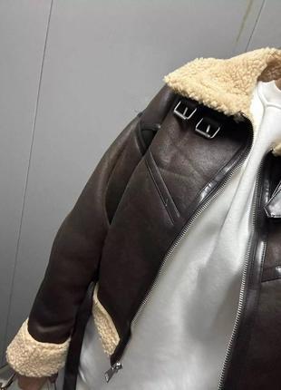 Женская укорочена дубленка,коричнева дубльонка, куртка авиатор, дублянка в стилі zara4 фото