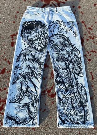 Custom джинси кастом кастомні з принтом гранж аніме берсерк ручний покрас реп
