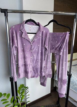 Лілова натуральна велюрова піжама/домашній костюм сорочка і штани 44-46