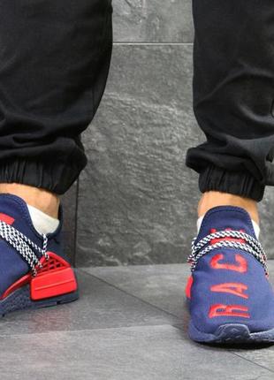 Мужские демисезонные кроссовки текстильные в стиле adidas nmd human race синие с красным4 фото