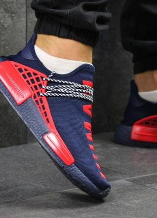 Мужские демисезонные кроссовки текстильные в стиле adidas nmd human race синие с красным3 фото