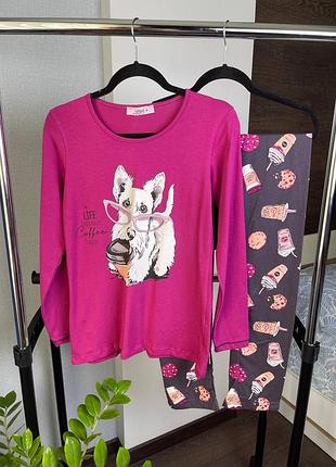 Яскрава малинова/фуксія натуральна бавовняна піжама/домашній костюм з собакою кофта і штани 42-50