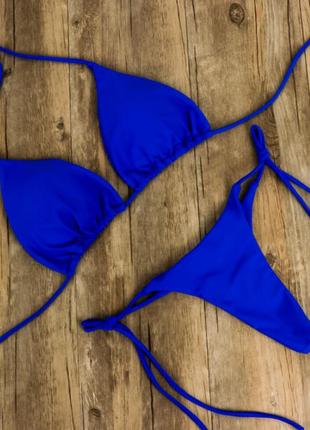 Яркий синий электрик купальник шторки треугольник с стрингами бикини на завязках2 фото