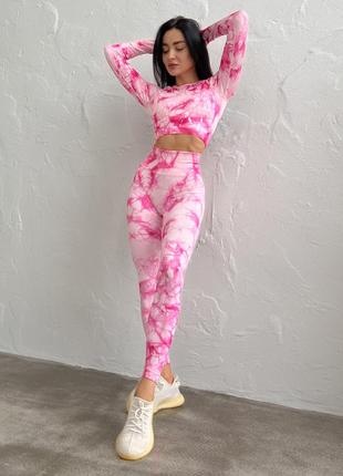 Фитнес костюм marble розовый (рашгард + леггинсы)2 фото
