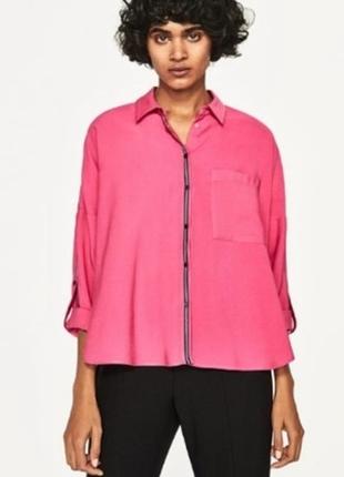 Рубашка яскрава рожева плотна оверсайз zara basic з лампасами 36/s