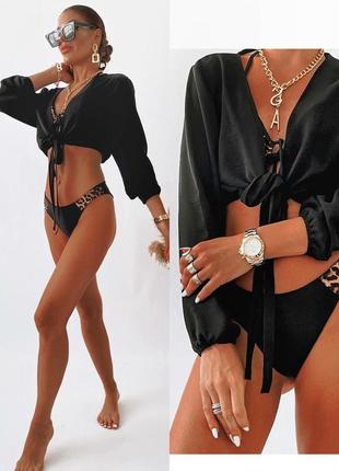 Женский стильный пляжный красивый классический купальник модный трендовый черный9 фото