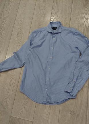 Рубашка zara regular fit  в мелкую гусиную лапку  синяя м-408 фото