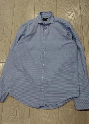 Рубашка zara regular fit  в мелкую гусиную лапку  синяя м-409 фото