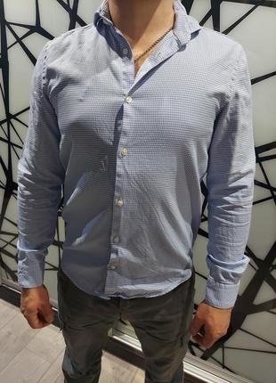Рубашка zara regular fit  в мелкую гусиную лапку  синяя м-401 фото