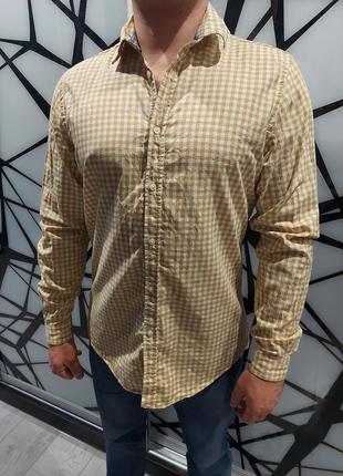 Рубашка zara man skim fit в горчичную клетку размера m-46-48