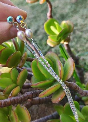 Серьги - цепочки с лиловым жемчугом  ′слеза богини′1 фото
