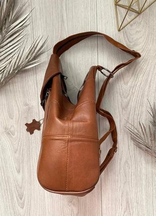 Кожаный рюкзак, стильный рыжий рюкзак, коричневый рюкзак3 фото