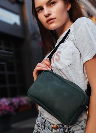Поясная сумка, натуральная винтажная кожа, цвет зелёный6 фото