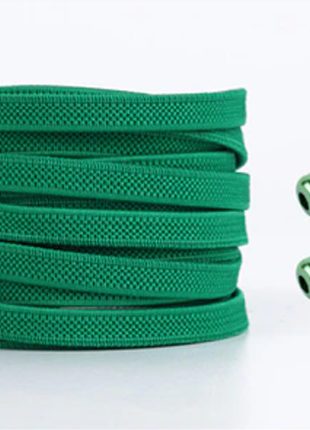 Еластичні пласкі шнурки з фіксатором, зручні ліниві ледачі резинки без зав'язування, зелені повністю1 фото