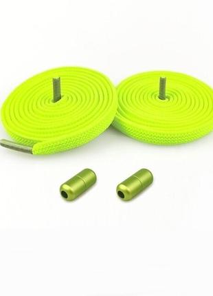 Еластичні пласкі шнурки з фіксатором зручні ліниві ледачі резинки без зав'язування зелені жовті неон1 фото