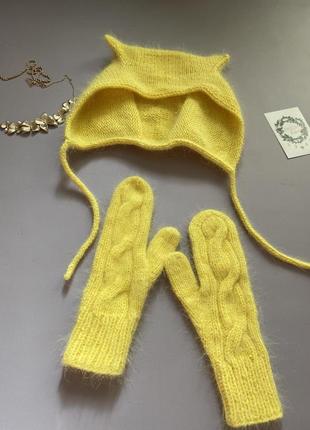 Невероятные пушистые варежки желтого цвета с узором, пух норки